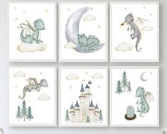 four watercolor paintings of dragon, castle and moon in the sky with stars on them