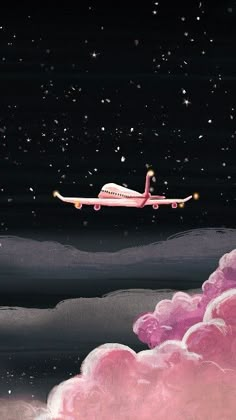 an airplane is flying in the sky above pink clouds and stars on a black background