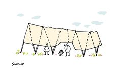 a drawing of a tent with people standing around it