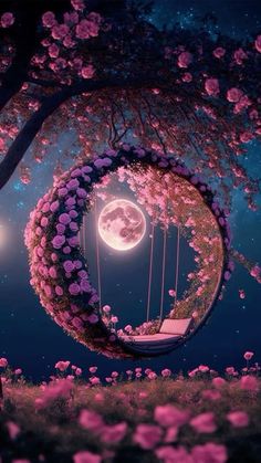 a swing in the night with pink flowers on it and a full moon behind it