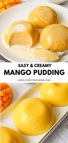 mango pudding on a plate with oranges in the background and text overlay that reads easy & creamy mango pudding