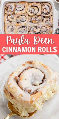 a plate with cinnamon rolls on it next to a casserole dish