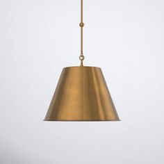 a brass colored pendant light hanging from a chain