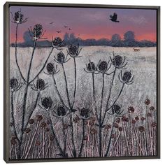 a painting of flowers and birds flying in the sky over a field with grass at sunset