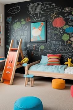 Artistic themed toddler boy bedroom with wall arts and craft materials. Kids Study Spaces, Kids Bedroom Diy, Artist Bedroom