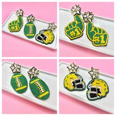 Elevate your game day style with our Green and Yellow Beaded Game Day Earrings, available in three fabulous styles: football, helmet, and foam finger! Whether you're a proud football mom, a spirited cheer mom, or simply a die-hard fan, these earrings are the perfect accessory to show your team spirit in style. Crafted with meticulous attention to detail, each earring features vibrant royal blue and blue beads arranged in the shape of a football, helmet, or foam finger, adding a playful touch to Foam Finger, Mom Earrings, Game Day Football, Football Earrings, Pep Rally, Football Helmet, Watch Party, Cheer Mom, Gameday Outfit