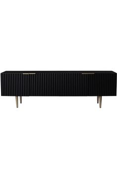 a black and gold sideboard with two brass handles on the bottom, against a white background