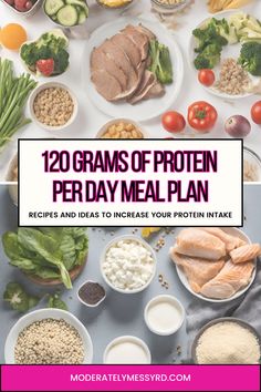 the cover of 120 grains of protein per day meal plan, including meats and vegetables