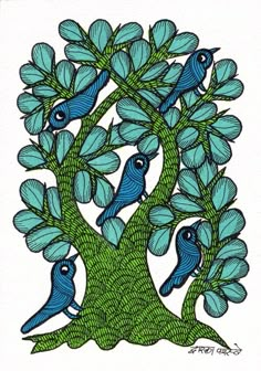 blue birds are sitting on the branches of a tree, with green leaves and foliage