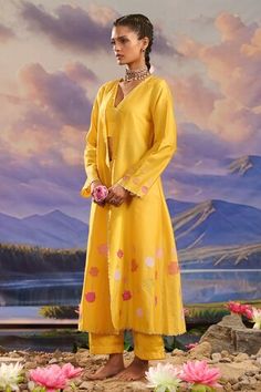 Yellow chanderi silk jacket with floral and zari embroidery. Comes with pant and a inner. - Aza Fashions Spring Bollywood Style Slub Silk Kurta, Spring Festive Salwar Kameez With Gota Work, Spring Silk Embroidered Anarkali Set, Spring Embroidered Silk Anarkali Set, Spring Floral Embroidered Cotton Silk Anarkali Set, Designer Cotton Silk Palazzo Set For Spring, Spring Chanderi Nehru Jacket With Resham Embroidery, Spring Designer Cotton Silk Palazzo Set, Spring Anarkali Set In Cotton Silk With Traditional Drape