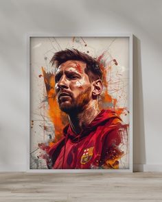 a painting of a soccer player with red paint splattered on his face and chest