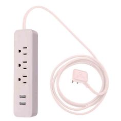 the pink power strip is plugged in to an extension cord with two usb ports