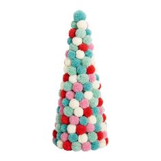 a multicolored pom - pom christmas tree ornament on a white background