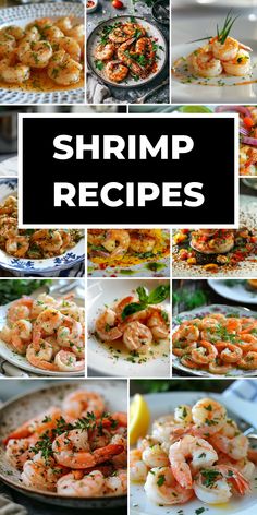 shrimp recipe collage with different pictures and text overlaying the same image in black