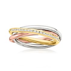 Ross-Simons - .20ct t. w. Diamond Multi-Row Ring in Tri-Colored Silver. Size 7. Our stylish tri-colored sterling silver multi-row ring gives the look of three perfectly polished bands of sterling silver, 18kt rose gold over sterling silver and 18kt yellow gold over sterling silver with .20 ct. t. w. diamonds for a dazzling dash of sparkle. 3/16" wide. Diamond multi-row ring. Diamond birthstones are the perfect gift for April birthdays. Rolling Ring, Black Diamond Earrings Studs, Black Diamond Studs, Diamond Birthstone, Gold Cross Pendant, Gold Bead Necklace, Diamond Cross Pendants, Bezel Set Diamond, Diamond Rings Bands