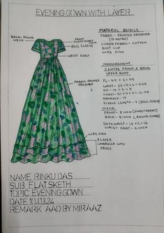 a drawing of a green dress with pink and blue flowers on the bottom, along with information about it