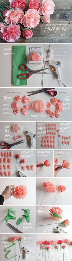 the instructions for making paper flowers are shown in several different ways, including pink and green