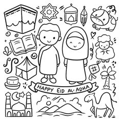 happy eid al - adha coloring page for kids with arabic characters and symbols