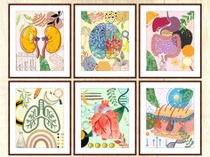 four framed art prints with different shapes and sizes, each featuring an image of a human heart