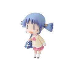 a small toy doll with blue hair holding a purse