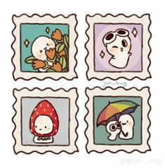 four stamps with pictures of people and animals on them, one is holding an umbrella