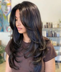 Haircuts With Front Layers, Long Hair With Layers Back View, Butterfly Layers Black Hair, Black Hair Butterfly Haircut, Long Layers Butterfly Cut, Dark Brown Butterfly Cut, Long Layered Haircuts Brunette, Asian Hair Styles Long, Wispy Layers Long Hair