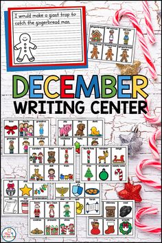 december writing center with candy canes and christmas decorations