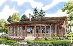 this is an artist's rendering of a cabin style house with porches and covered verandas