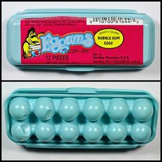 an open box of blue gummy balls with the top and bottom in mint green