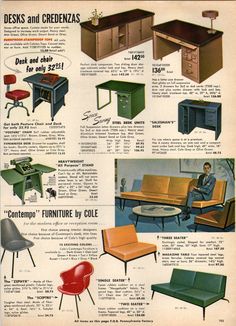 an advertisement for furniture from the 1950's shows different types of desks and chairs