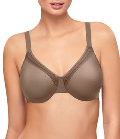 From the Perfect Primer collection by Wacoal&#x2C; this bra features:Super-soft smooth two-ply fabricClean turned neckline with geometric lace insetComfort wire sandwiched between fabric to prevent rubbing the bodyFully-adjustable brushed low-stretch straps with kicked-in backs to prevent sliding off shouldersBrushed hook-and-eye closureNylon/spandexHand washImported. Underwire Sports Bras, Lingerie Vintage, Timeless Outfits, Geometric Lace, Pretty Lingerie, Swim Fashion, Lace Fashion, Full Figured, T Shirt Bra