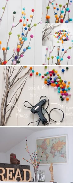 four different pictures showing the process of making branches with pom - poms and scissors