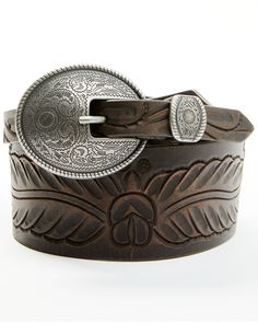 100% genuine leather. Wide belt with tapered ends. Dark brown tooled design. C=Silver-toned circle buckle with roped edge and engraved design. Boho Belt, Western Boots For Men, Womens Work Boots, Boho Belts, Women's Belts, Wide Leather Belt, Belt Brown, Chelsea Boots Women, Hiking Boots Women