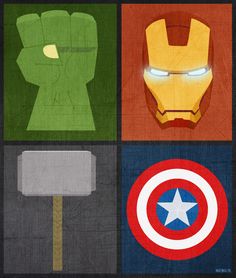 the avengers logo is shown in four different colors and shapes, including iron man, captain america, thor's shield