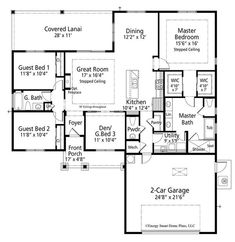 the first floor plan for a house with two garages and an attached living area