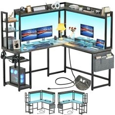 a computer desk with multiple monitors and keyboards