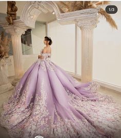 Beautiful, elegant Quinceañera dress. Fits size 8-12  Corset fitted. Long train. Beautiful lilac color with pink embellishments. Charra Quinceanera Dresses, Light Purple Wedding Dress, Light Purple Quinceanera Dresses, Purple Quince Dress, Lilac Quinceanera Dresses, Fairy Ball Gown, Poofy Wedding Dress, Light Purple Wedding, Xv Dresses