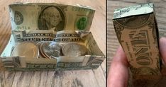 two pictures side by side one shows money in a box and the other shows us dollar bills