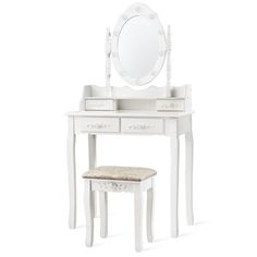 a white dressing table with a mirror and stool on top of it in front of a white background