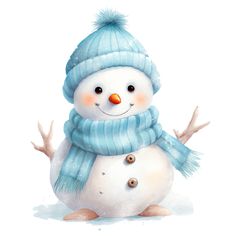 a snowman wearing a blue hat and scarf