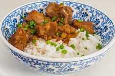 a blue and white bowl filled with rice, meat and green onions on the side