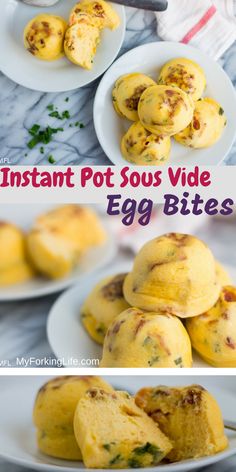 two pictures showing different types of food on plates with the words instant pot sous video egg bites