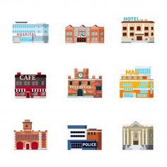 different types of buildings and signs on white background - miscellaneous objects / objects web elements