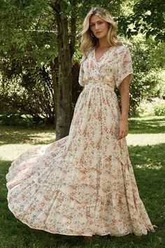 Katherine Maxi Dress | Cream + Rust Floral Chiffon Maxi Dress With Ruffle Hem And Short Sleeves, Bohemian Flutter Sleeve Dress For Garden Party, Elegant Flowy Maxi Dress With Ditsy Floral Print, Bohemian Dress With Flutter Sleeves For Garden Party, Bohemian Flowy Chiffon Floral Dress, Flowy Bohemian Chiffon Floral Dress, Bohemian Floral Print Dress With Flutter Sleeves, Flowy Floral Print Dress With Flutter Sleeves, Bohemian Dresses With Floral Print And Flutter Sleeves