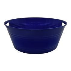 a large blue bowl with handles on the side and an open bottom, sitting in front of a white background