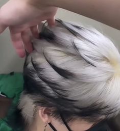 Wolf Hair Color Ideas, Dye Hair Men Ideas, Black And White Hair Men Aesthetic, Short Black Hair With White Tips, Short Blonde Hair With Black Tips, White Hair Tips Dyed, Black With White Tips Hair, White Hair Dye Ideas Short Hair, Men’s Black And Blonde Hair