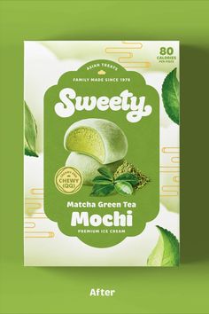 a packet of matcha green tea mochi with leaves on the front and back