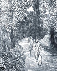 two people riding bicycles on a path in the woods, one is drawn by hand