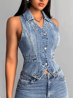 Veste en jean sans manches d'été pour femmes avec col simple boutonnage Bleu azur Casual  Sans manches Jean Unicolore gilet Pas de l'extensibilité  Women Clothing, size features are:Bust: ,Length: ,Sleeve Length: Sleeveless Denim Vest, Plain Vest, Casual Denim Shorts, Denim Vests, African Inspired Clothing, Shein Icon, Weird Shirts, Denim Jeans Men, Denim Jacket Women