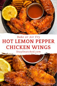 hot lemon pepper chicken wings on a plate with fries